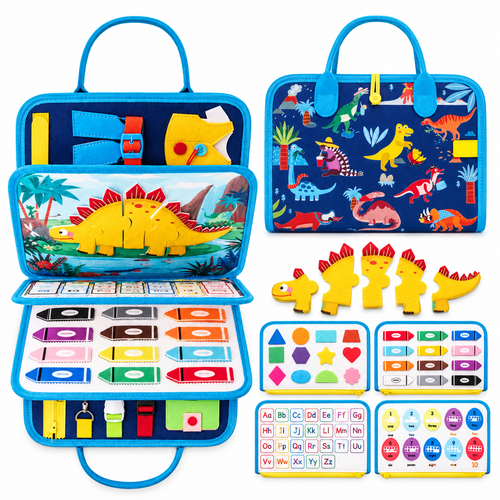 Montessori Keçe Busy Board – Dinozor Temalı | 8 Sayfa Aktivite Kitabı