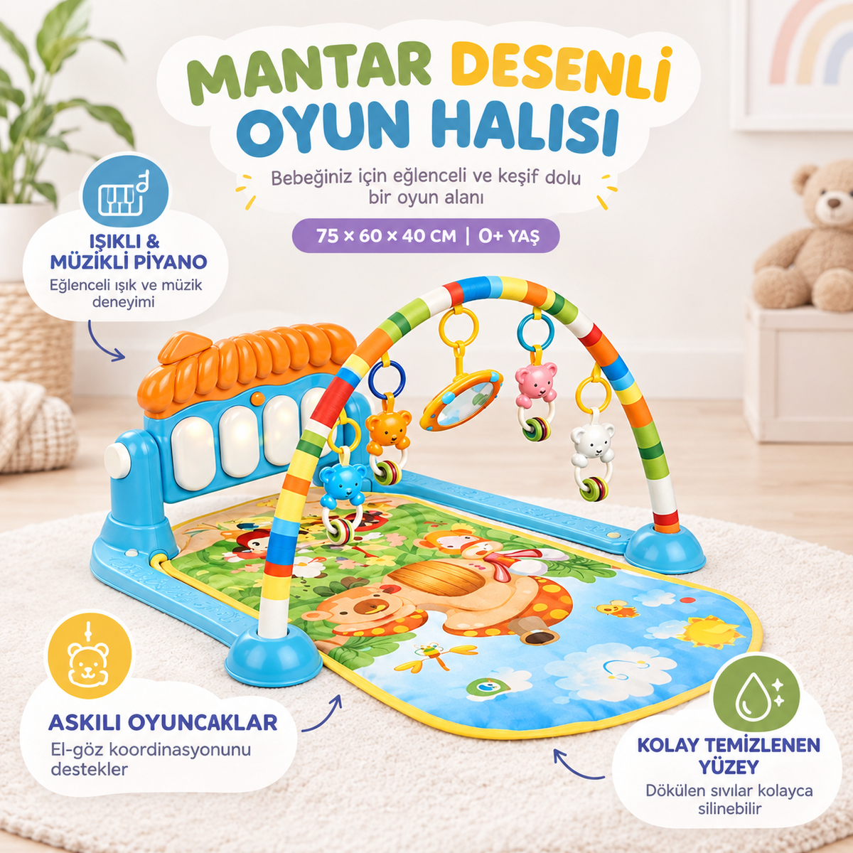 Işıklı ve Müzikli Piyanolu Bebek Oyun Halısı - Hayvan Figürlü Gelişim Matı (0+ Ay)