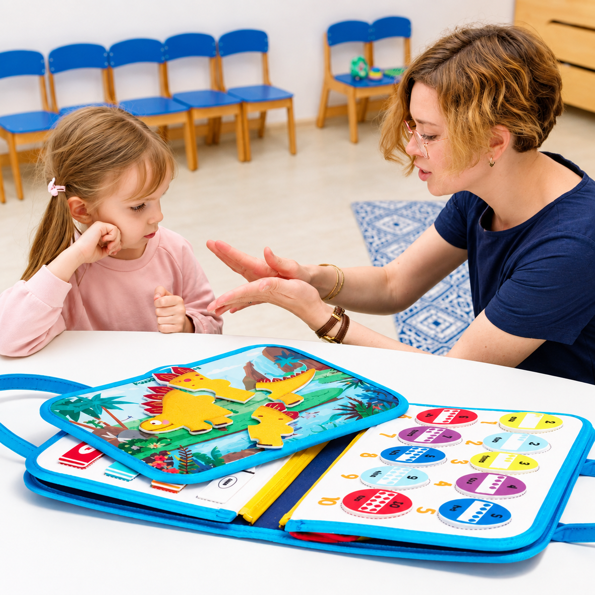 Montessori Keçe Busy Board – Dinozor Temalı | 8 Sayfa Aktivite Kitabı
