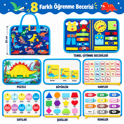 Montessori Keçe Busy Board – Dinozor Temalı | 8 Sayfa Aktivite Kitabı
