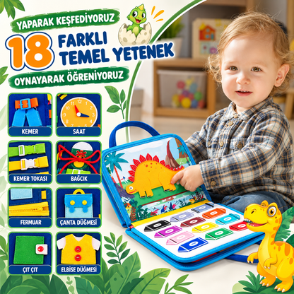 Montessori Keçe Busy Board – Dinozor Temalı | 8 Sayfa Aktivite Kitabı